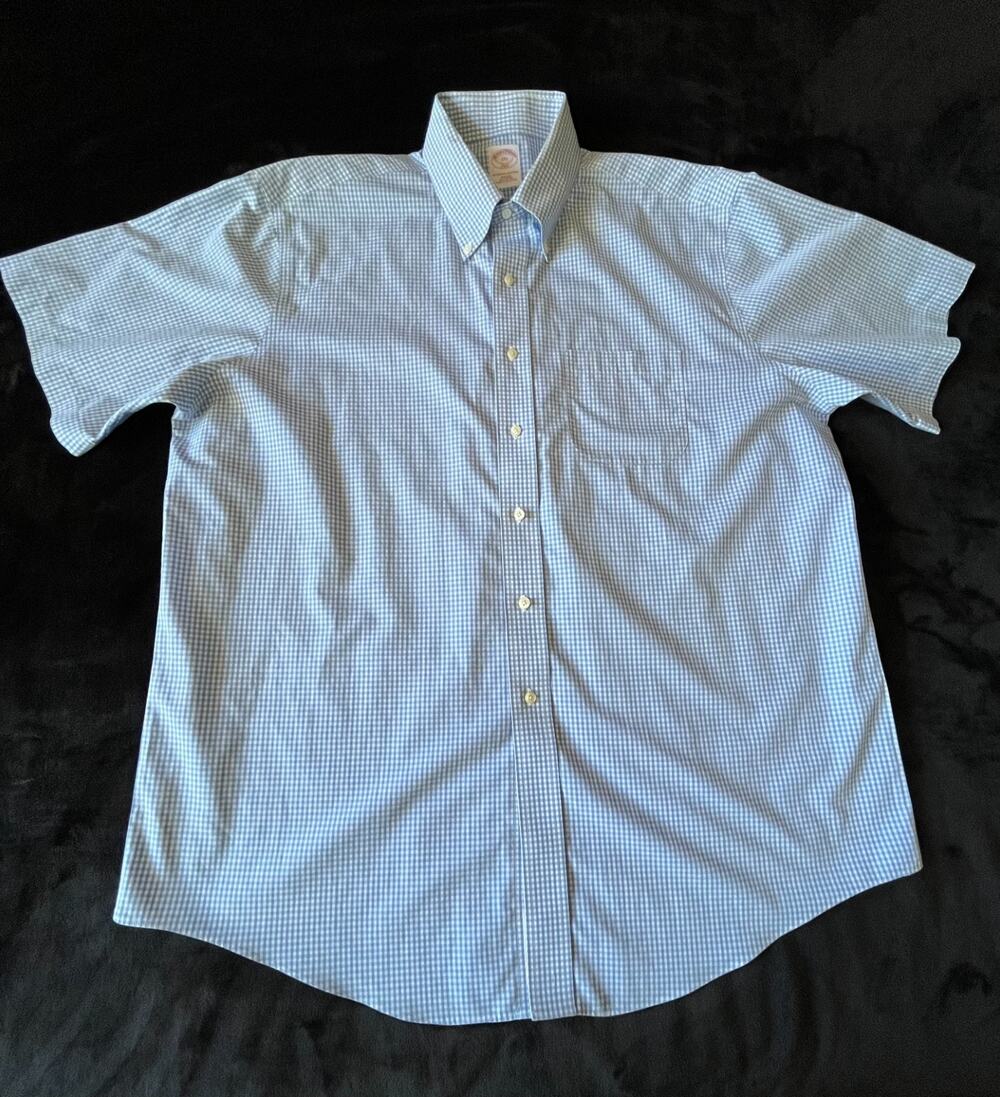 Brooks Brothers 346 Blue Gingham Check Shirt 17.5 34/35 Non-Iron Cotton